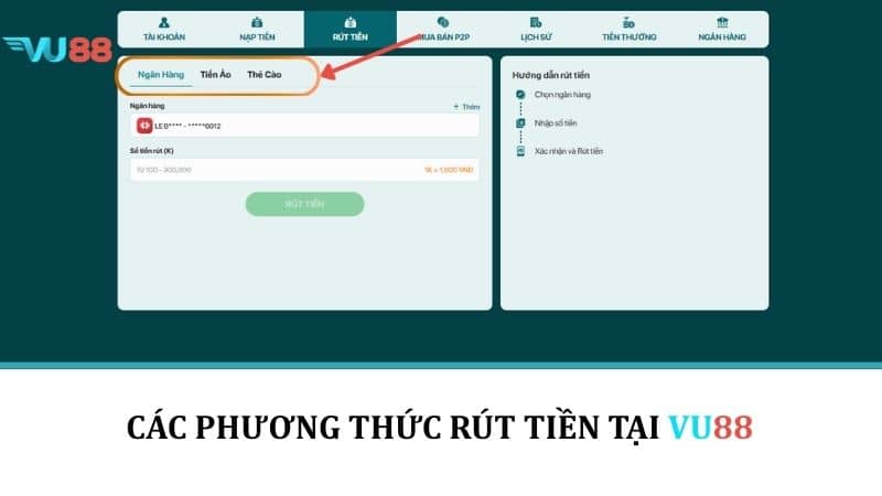 Rút Tiền VU88 - Hướng Dẫn Rút Tiền Thưởng Về Tài Khoản Nhanh Chóng Các phương thức rút tiền tại VU88