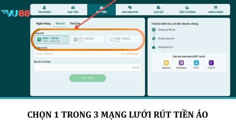 Rút Tiền VU88 - Hướng Dẫn Rút Tiền Thưởng Về Tài Khoản Nhanh Chóng Chọn 1 trong 3 mạng lưới rút tiền ảo