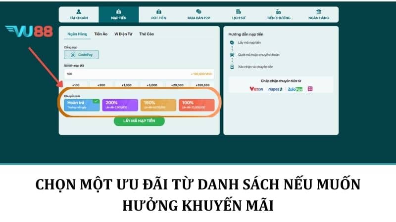 Nạp Tiền VU88 - Hướng Dẫn Các Bước Lên Điểm Với Nhiều Phương Thức Chọn một ưu đãi từ danh sách nếu muốn hưởng khuyến mãi