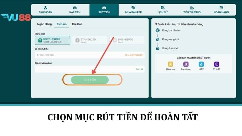 Rút Tiền VU88 - Hướng Dẫn Rút Tiền Thưởng Về Tài Khoản Nhanh Chóng Chọn mục rút tiền để hoàn tất