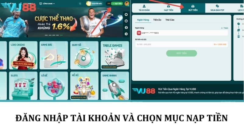 Đăng nhập tài khoản và chọn mục nạp tiền