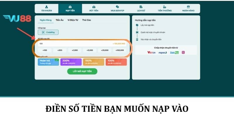 Nạp Tiền VU88 - Hướng Dẫn Các Bước Lên Điểm Với Nhiều Phương Thức Điều số tiền bạn muốn nạp vào