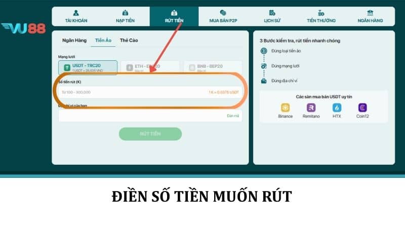 Rút Tiền VU88 - Hướng Dẫn Rút Tiền Thưởng Về Tài Khoản Nhanh Chóng Điền số tiền muốn rút