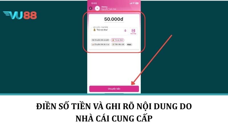 Nạp Tiền VU88 - Hướng Dẫn Các Bước Lên Điểm Với Nhiều Phương Thức Điền số tiền và ghi rõ nội dung do nhà cái cung cấp