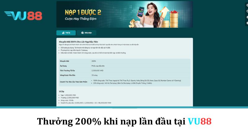 Khuyến Mãi VU88 - Phần Thưởng Hấp Dẫn Tại Nhà Cái Uy Tín Thưởng 200% khi nạp lần đầu tại VU88