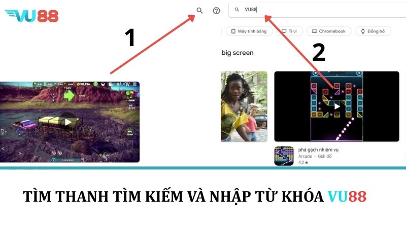 Tải App VU88 - Hướng Dẫn Cách Tải Xuống Nhanh Và Chi Tiết Tìm thanh tìm kiếm và nhập từ khóa VU88